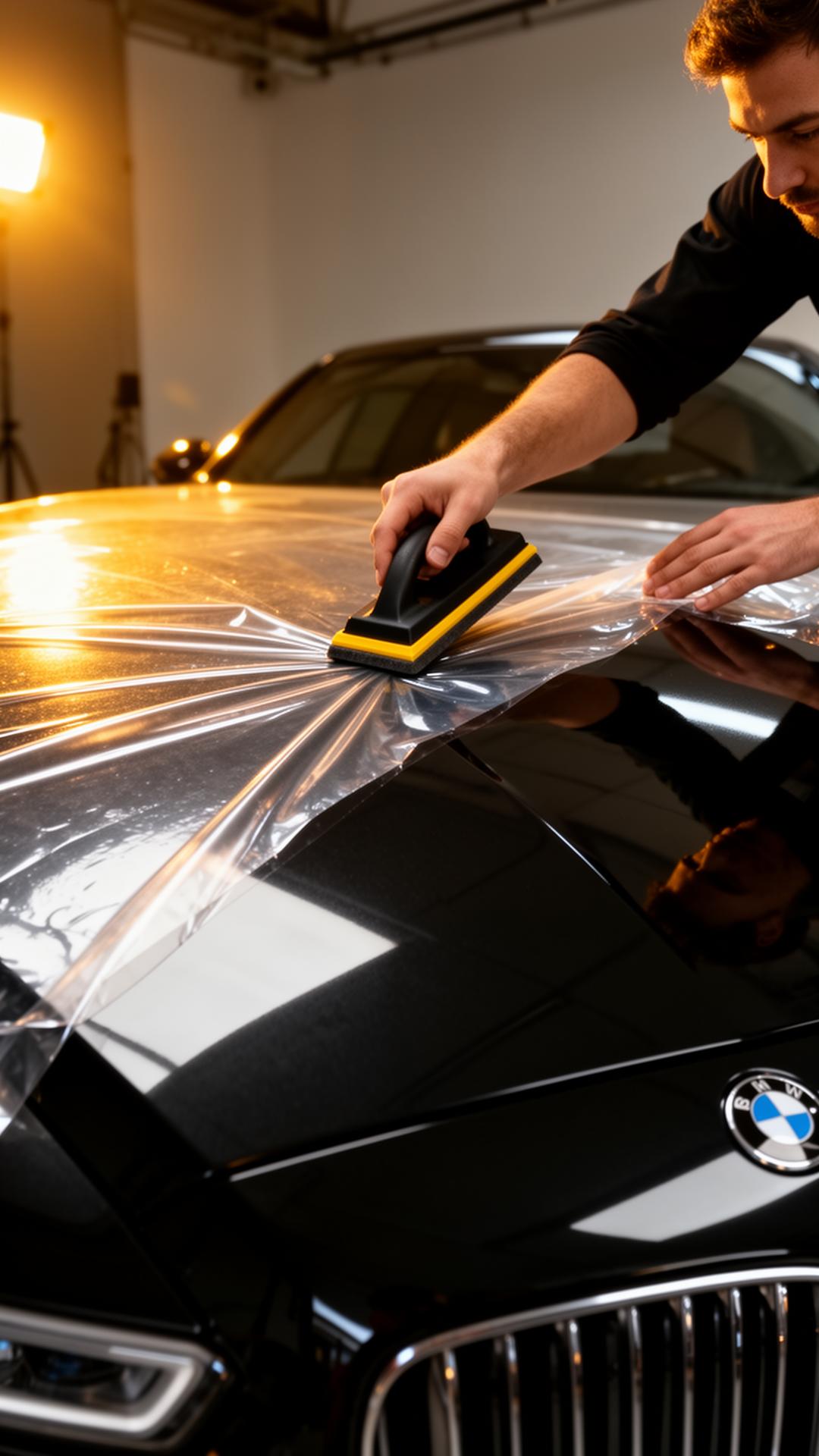 Stenskottsfilm (PPF) appliceras på motorhuv hos Guruz Car Care i Uppsala